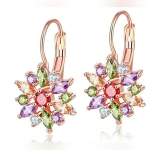 18K Rose Gold Plated Multi-Colored Crystal Flower Lever-back Earrings